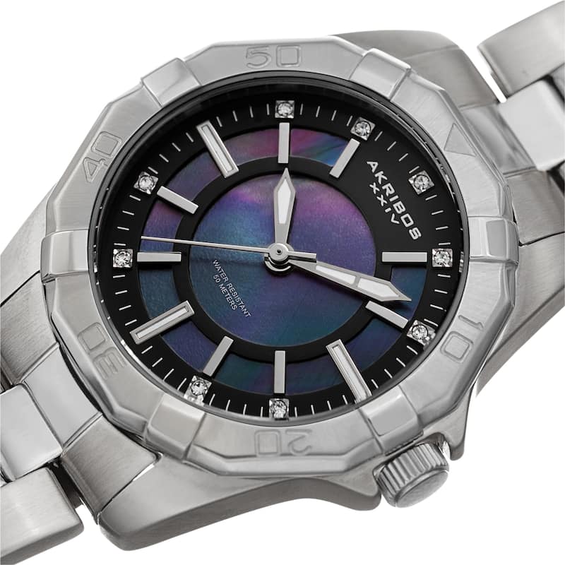 Akribos XXIV Women's Dodecagon Crystal Diver Style Silver-Tone Bracelet Watch