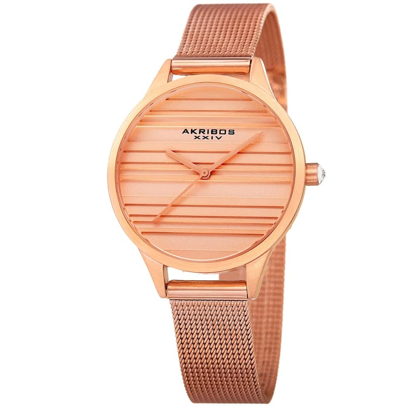 Akribos XXIV Women's Quartz Striate Simple Chic Rose-Tone Mesh Strap Watch