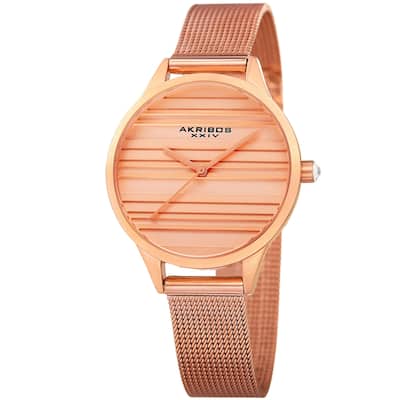 Akribos XXIV Women's Quartz Striate Simple Chic Rose-Tone Mesh Strap Watch