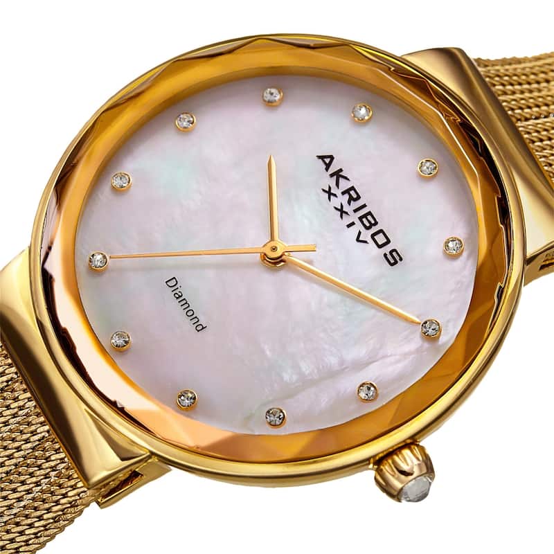 Akribos XXIV Women's Diamond Angled Gold-Tone Mesh Bracelet Watch