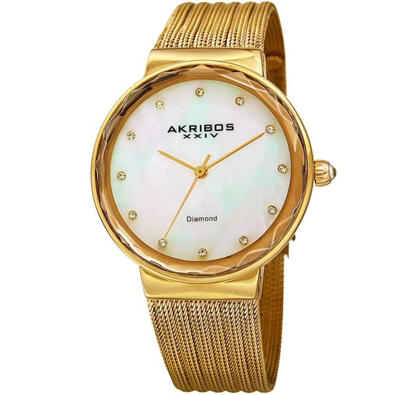 Akribos XXIV Women's Diamond Angled Gold-Tone Mesh Bracelet Watch