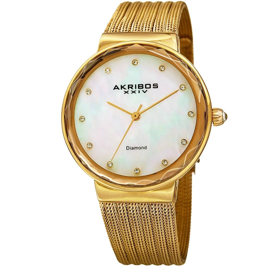 Akribos XXIV Women's Diamond Angled Gold-Tone Mesh Bracelet Watch