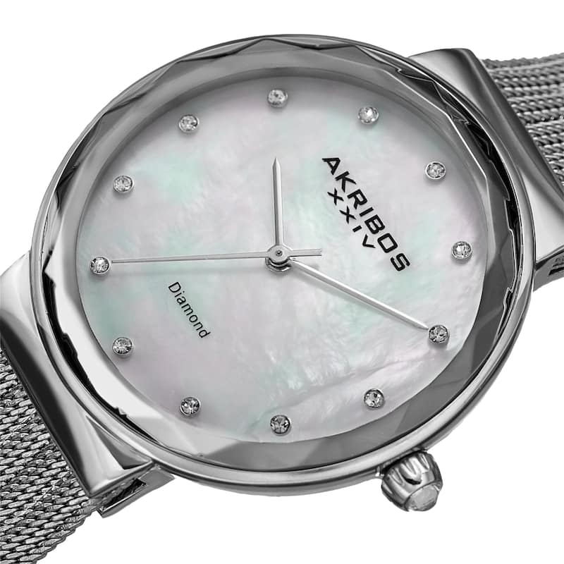 Akribos XXIV Women's Diamond Angled Silver-Tone Mesh Bracelet Watch