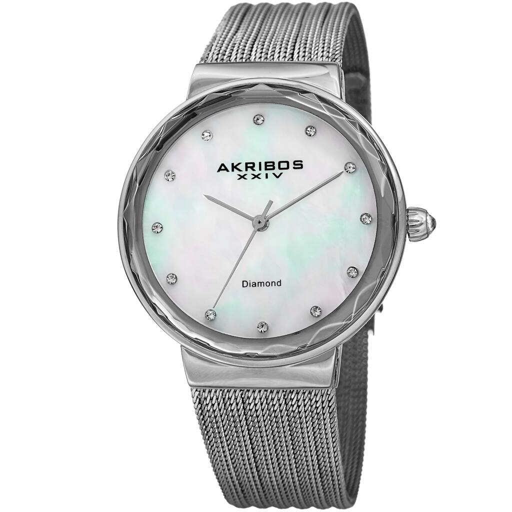 Akribos XXIV Women's Diamond Angled Silver-Tone Mesh Bracelet Watch
