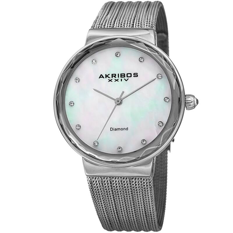 Akribos XXIV Women's Diamond Angled Silver-Tone Mesh Bracelet Watch