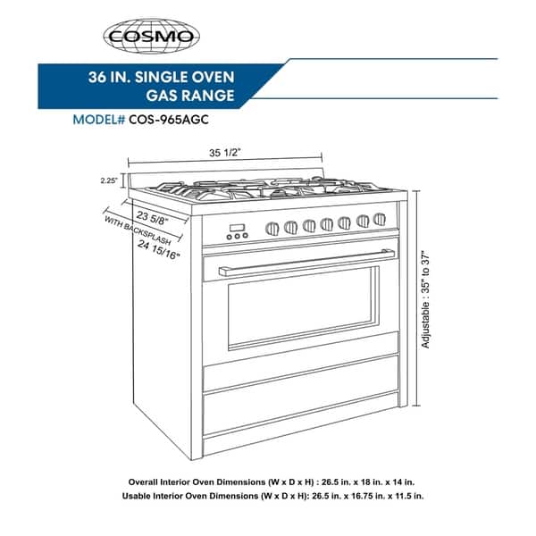 Cosmo 36 In 3 8 Cu Ft Single Oven Gas Range With 5 Burner 3 8 Cu Ft Single Oven Gas Range