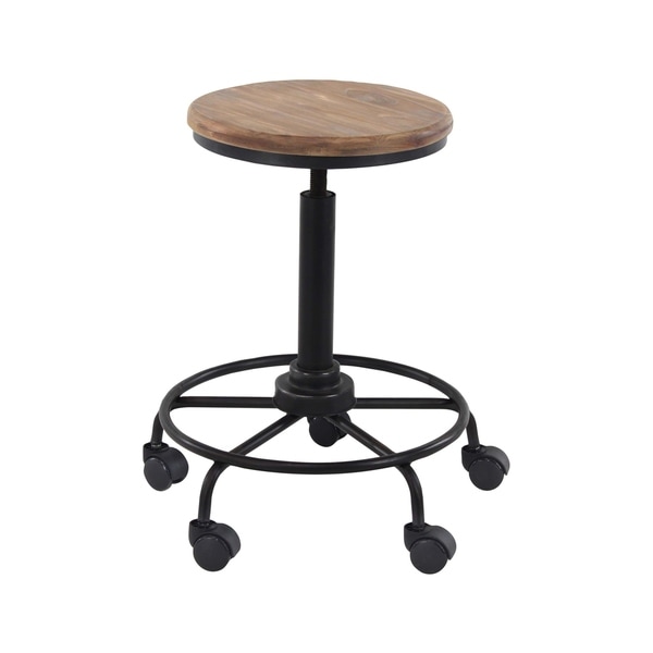 Rustic Iron and Wood Round Bar Stool with Wheels