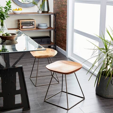 Rustic Suar Wood and Iron Square-Seat Stool