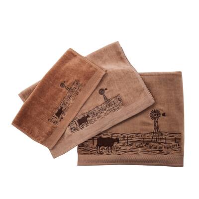 3 PC Towel Set with embroideRed windmill landscape , 3-pc Mocha
