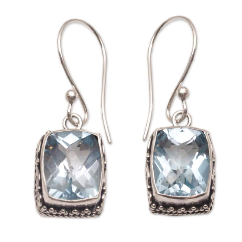 Handmade Sterling Silver Temple Gleam Blue Topaz Earrings (Indonesia) - 1.2L*0.4W - 1.2L*0.4W - Blue - Silver - Topaz - White