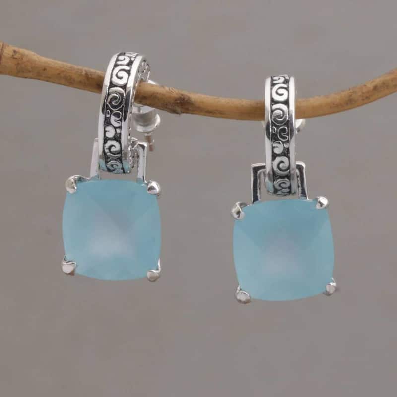 NOVICA Handmade Sterling Silver 'Buddha Hoops' Chalcedony Earrings (Indonesia) - 0.9*0.4