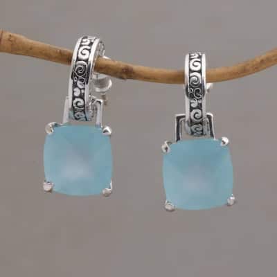 NOVICA Handmade Sterling Silver 'Buddha Hoops' Chalcedony Earrings (Indonesia) - 0.9*0.4