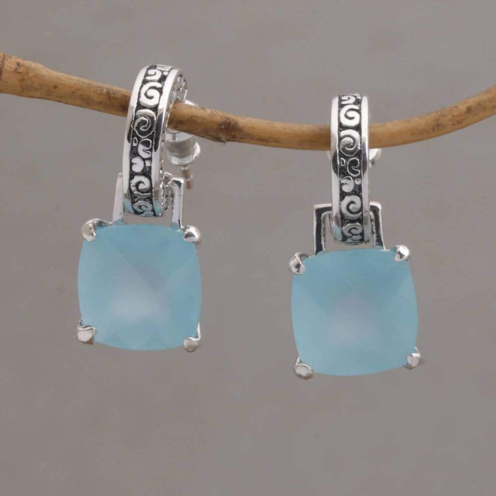 NOVICA Handmade Sterling Silver 'Buddha Hoops' Chalcedony Earrings (Indonesia) - 0.9*0.4