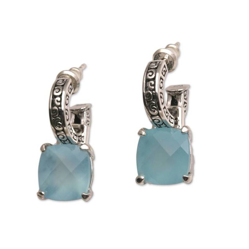 NOVICA Handmade Sterling Silver 'Buddha Hoops' Chalcedony Earrings (Indonesia) - 0.9*0.4