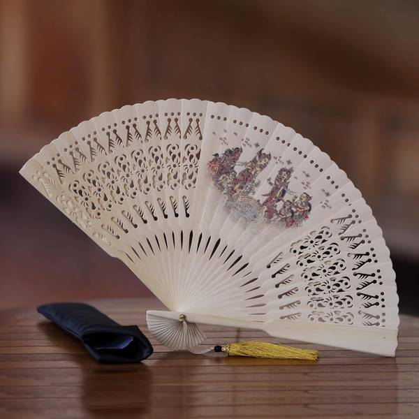Handmade Mahogany Wood 'Rama and Sita Fated Lovers' Fan (Indonesia)