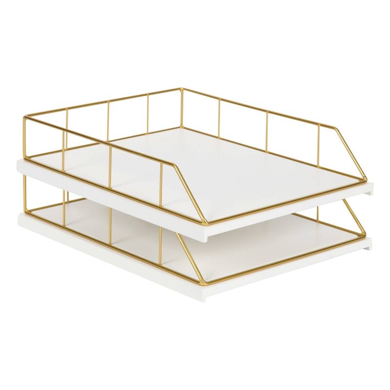 Carbon Loft Richter Stacked Metal and Wood Letter Trays - N/A - White/Gold