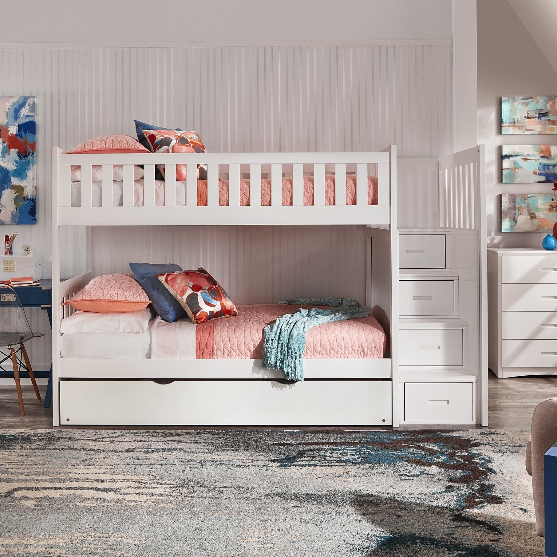 Shop Hunter Twin Over Twin White Wood Storage Staircase Bunk Bed