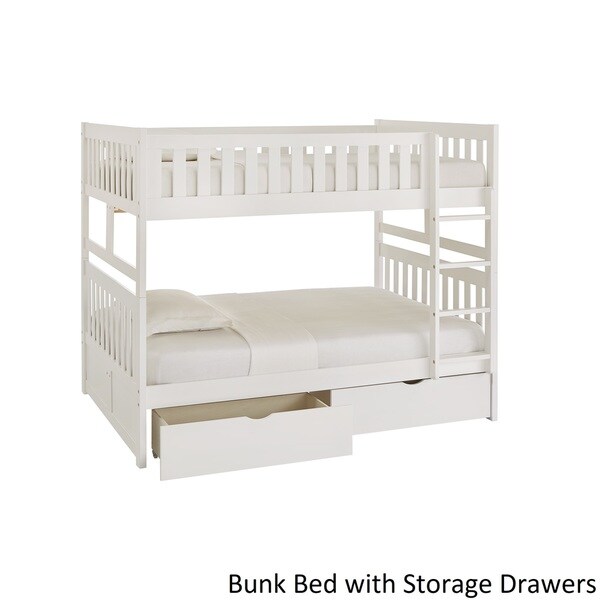 white wooden bunk beds with storage