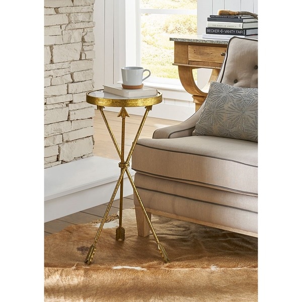 Urban Designs Antiqued Gold Leaf Arrow 30 Inch Round Marble Urban Designs Antiqued Gold Leaf Arrow 30 Inch Round Marble Side Table