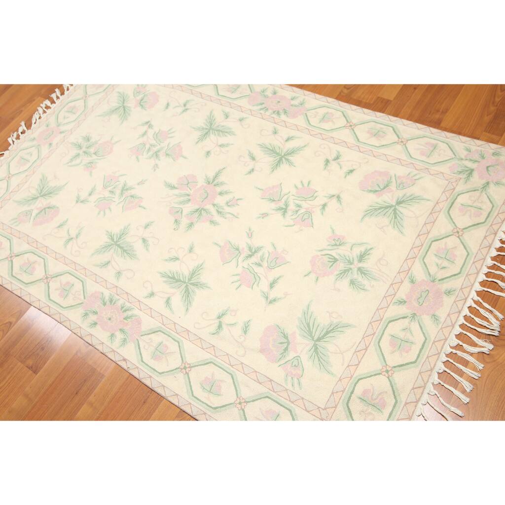 Pure Wool Floral French Aubusson Needlepoint Area Rug - Ivory/Pale Pink - 4' x 6'