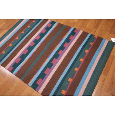 Eclectic Reversible Southwestern Aztec Kilim Flat Weave Area Rug - Brown,Chocolate,Denim,Pale Pink,Lavender/Multi - 4' x 6'