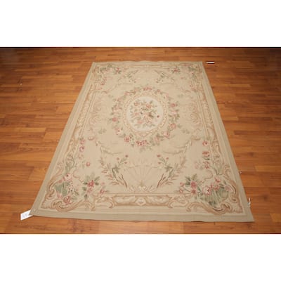 French Aubusson Needlepoint Multicolored Wool Hand-woven Area Rug (5' x 7') - Beige/Brown - 6' x 9'