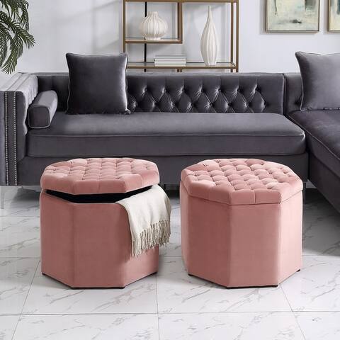 Inspired Home Amara Upholstered Tufted Octagon Storage Ottoman