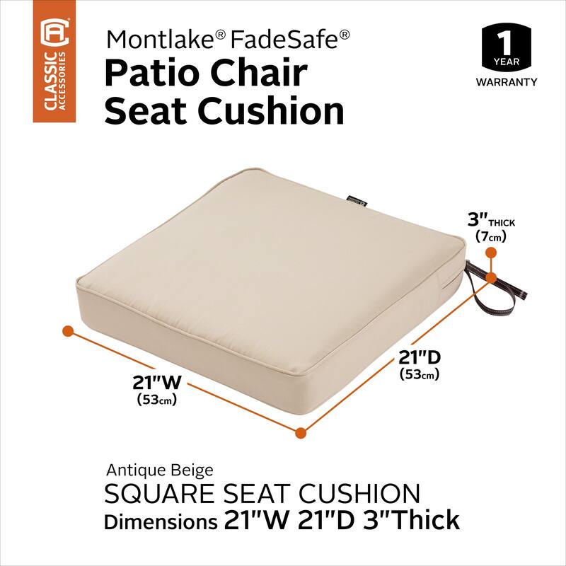 Classic Accessories Montlake Water-Resistant 21 x 21 x 3 Inch Patio Seat Cushion, Antique Beige - Antique Beige