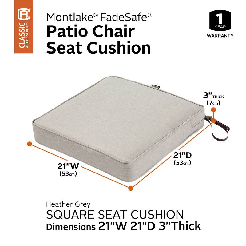 Classic Accessories Montlake Water-Resistant 21 x 21 x 3 Inch Patio Seat Cushion, Antique Beige - Heather Grey
