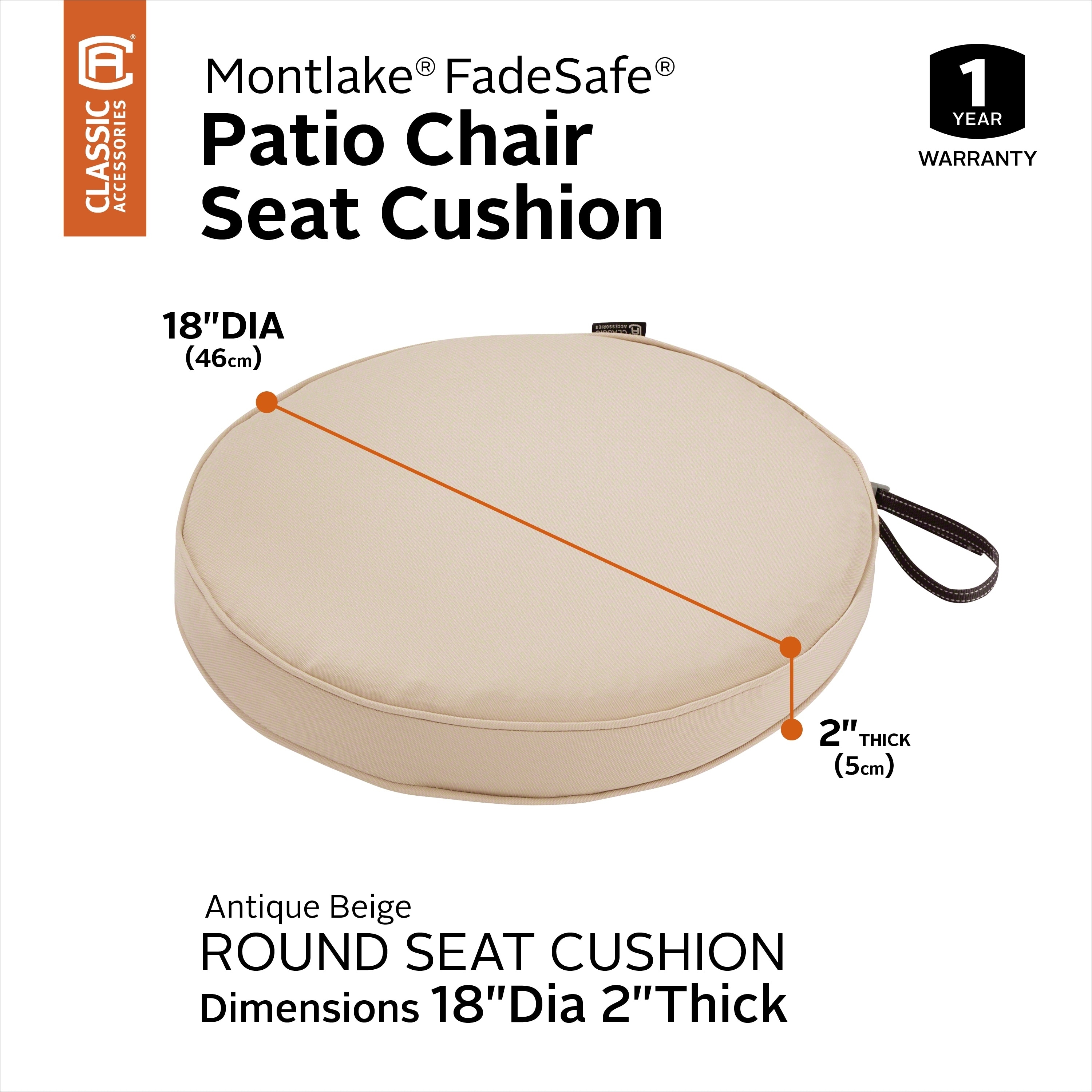 Classic Accessories Montlake FadeSafe Patio Dining Seat Cushion - 17 in. Antique Beige