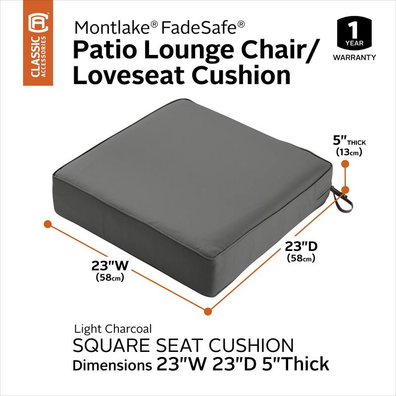 Classic Accessories Montlake Water-Resistant 23 x 23 x 5 Inch Patio Seat Cushion - Light Charcoal Grey