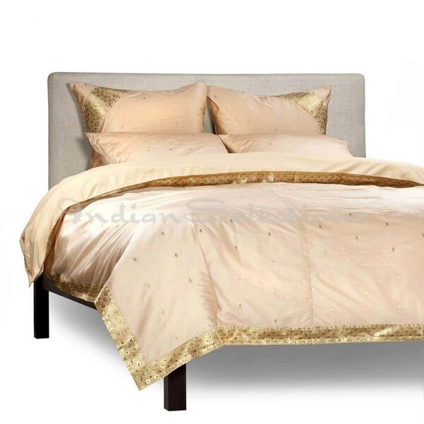Gold - 5 Piece Handmade Sari Duvet Cover Set with Pillow Covers / Euro Sham