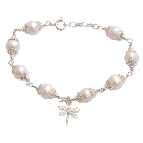 Sterling Silver White Freshwater Cultured Pearl Dragonfly Chain Slide