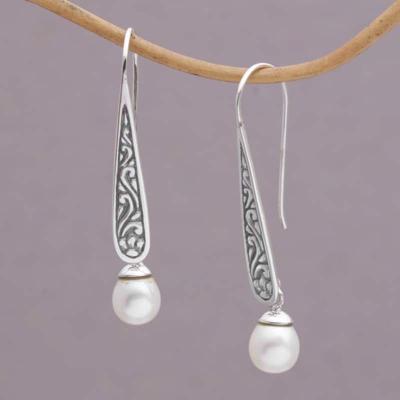 NOVICA Handmade Rising Swirls Sterling Silver Cultured Pearl Earrings (Indonesia) - 1.6L*0.3W