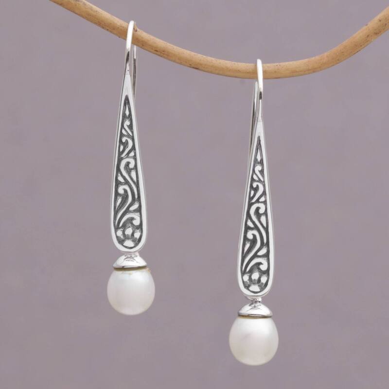NOVICA Handmade Rising Swirls Sterling Silver Cultured Pearl Earrings (Indonesia) - 1.6L*0.3W