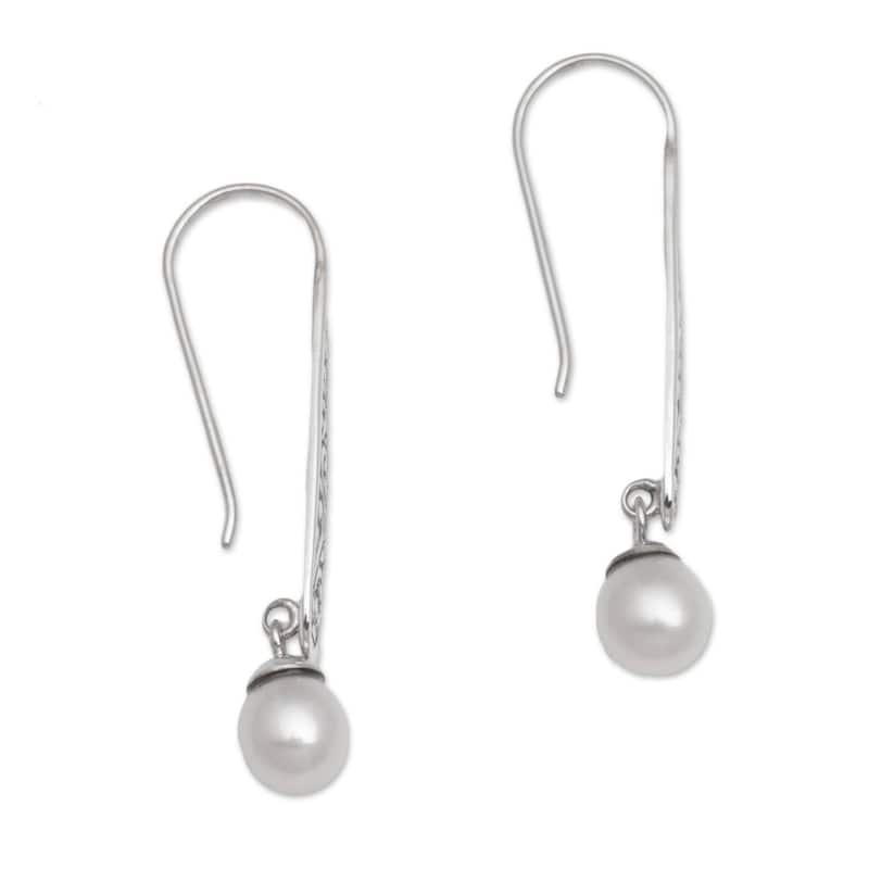NOVICA Handmade Rising Swirls Sterling Silver Cultured Pearl Earrings (Indonesia) - 1.6L*0.3W