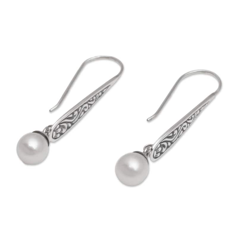 NOVICA Handmade Rising Swirls Sterling Silver Cultured Pearl Earrings (Indonesia) - 1.6L*0.3W