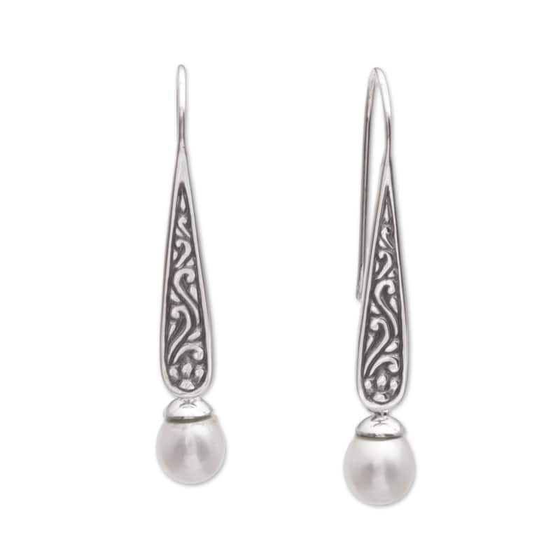 NOVICA Handmade Rising Swirls Sterling Silver Cultured Pearl Earrings (Indonesia) - 1.6L*0.3W