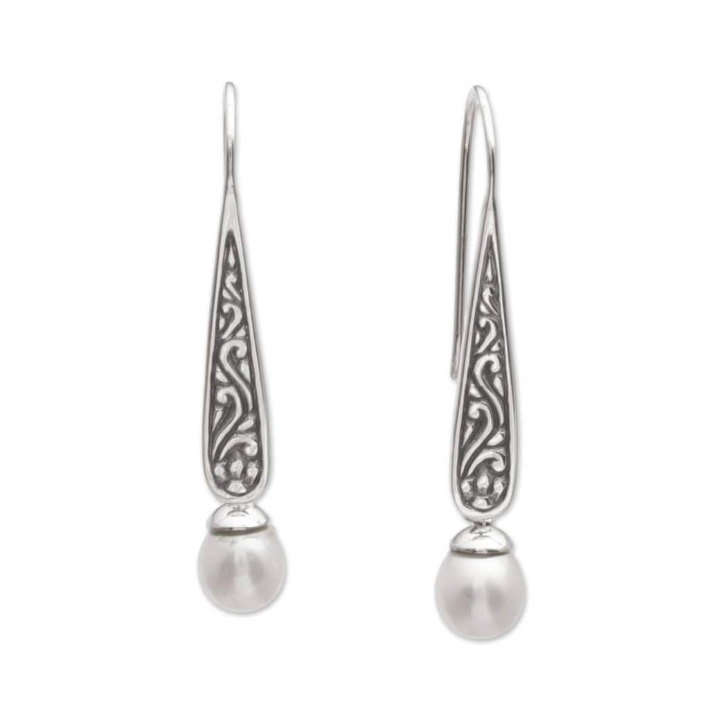 NOVICA Handmade Rising Swirls Sterling Silver Cultured Pearl Earrings (Indonesia) - 1.6L*0.3W