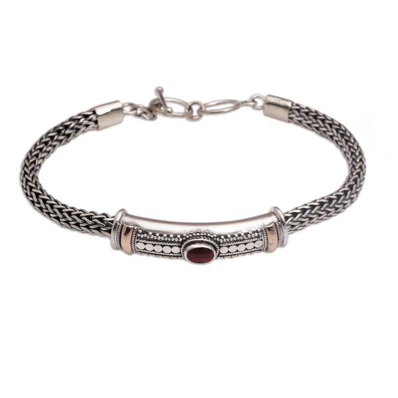 NOVICA Handmade Gold Accent Center of Hope Garnet Bracelet (Indonesia) - Silver - Red - 7.5 Inch - Silver - Garnet - Two-Tone