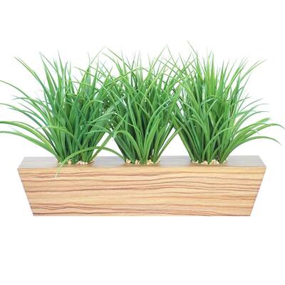 Plastic grass in trapezoid wooden planter 22" x 12" x 12"H - OS