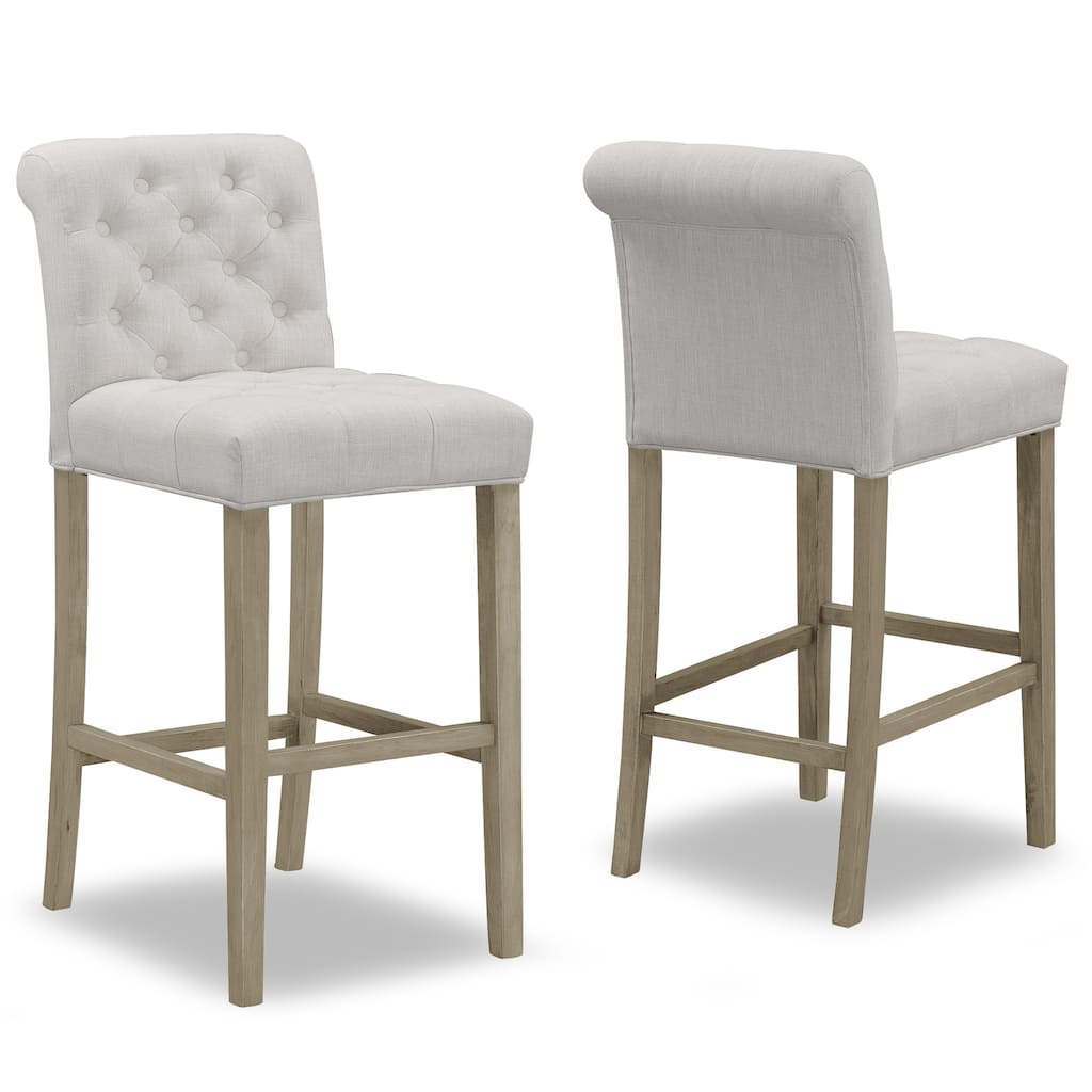 Set of 2 Aleen Beige Fabric Barstool with Roll Back and Tufted Buttons