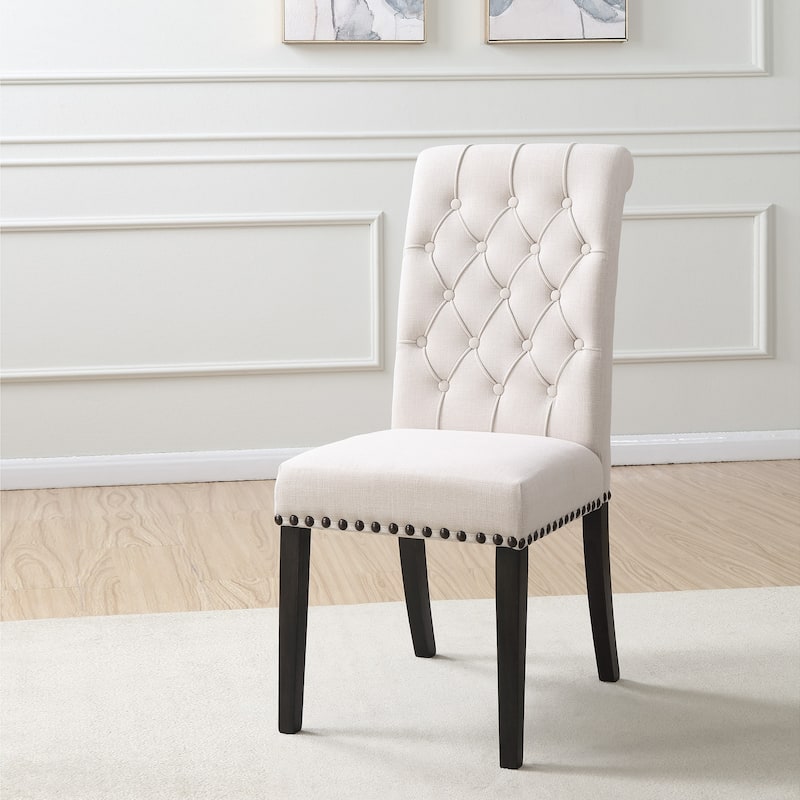 Set of 2 Aleki Beige Fabric Dining Chair Roll Back with Tufted Buttons