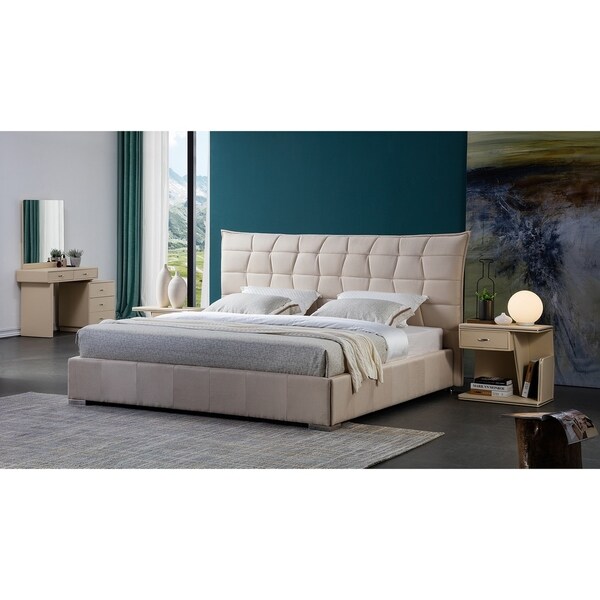 Off White Fabric Upholstered Platform Bed - Overstock ...