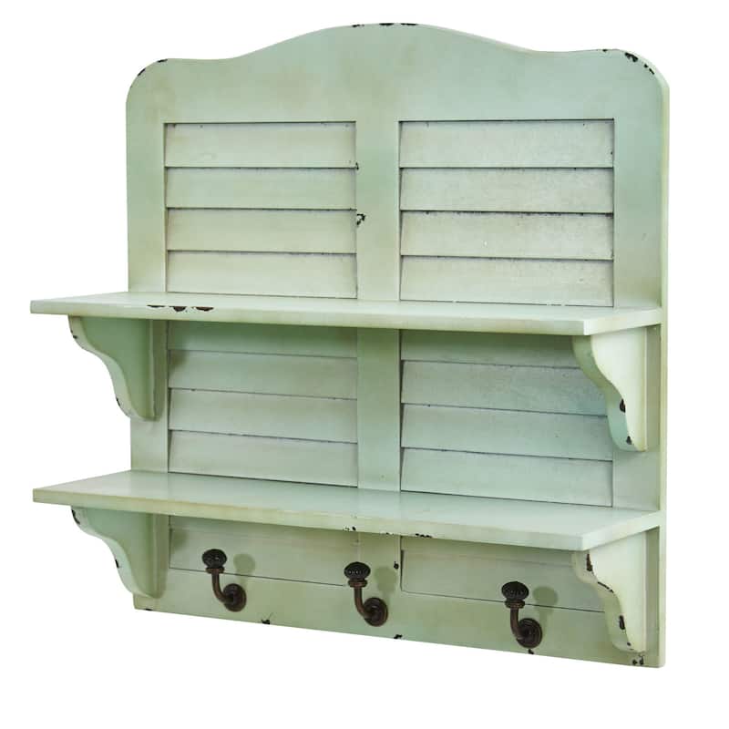 20" Vintage Window Shutter Shelving with Hooks Wall Decor
