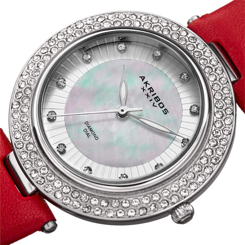 Akribos XXIV Women's Dazzling Diamond Crystal Red Leather Strap Watch
