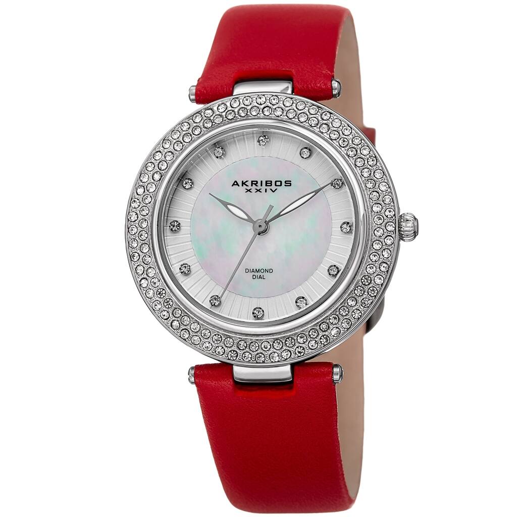 Akribos XXIV Women's Dazzling Diamond Crystal Red Leather Strap Watch