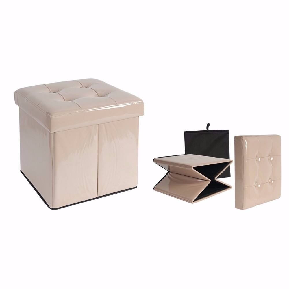 Leather Folding Cubical Storage Ottoman Stool, Off- White