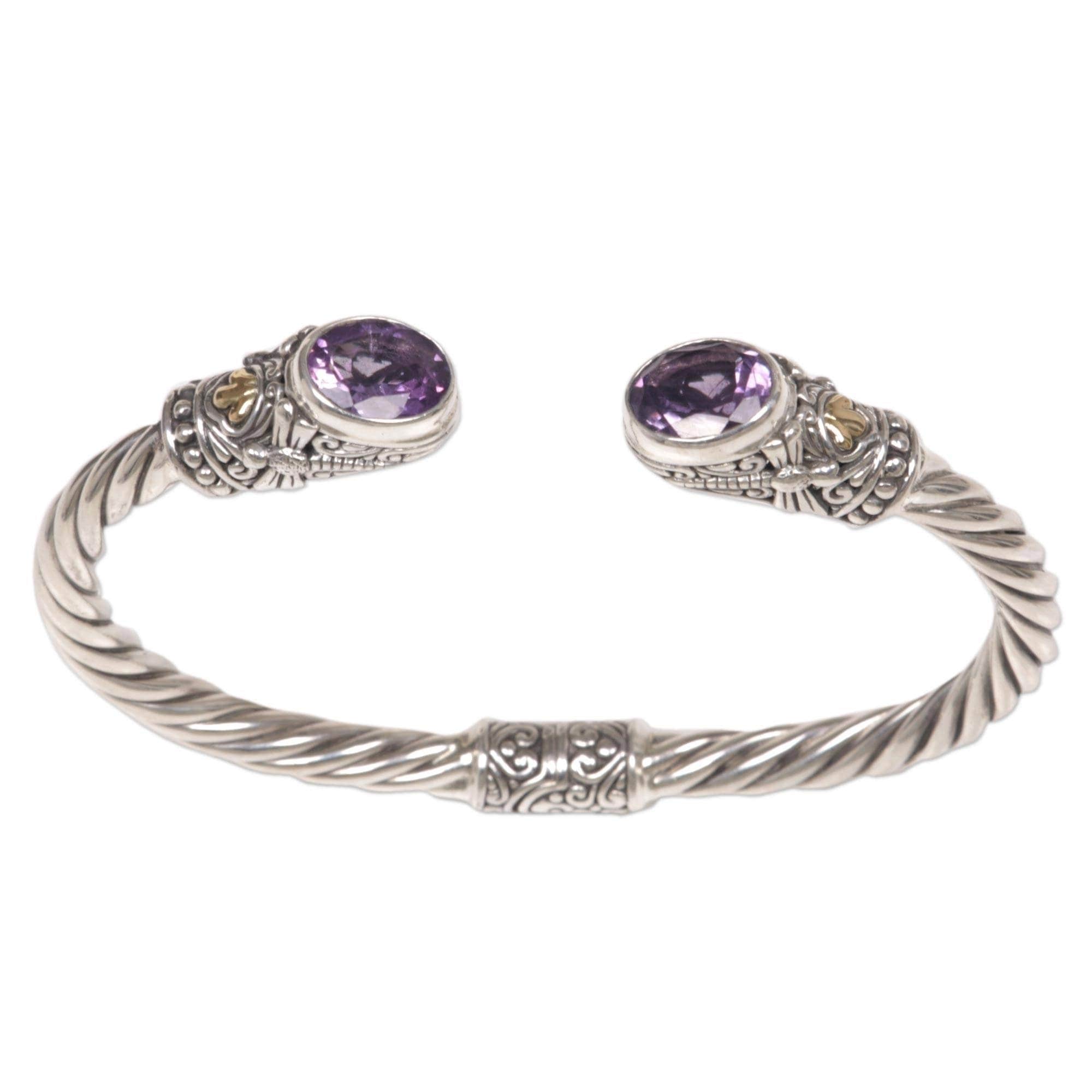 Platinum Sterling Purple Amethyst Bezel Set Halo Design Hinged Bangle Bracelet