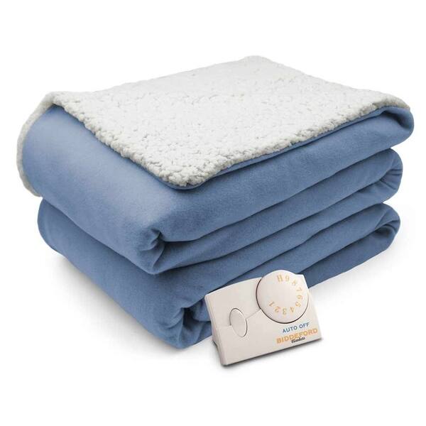 Biddeford Comfort Knit Natural Sherpa Electric Heated Blanket Full Blue